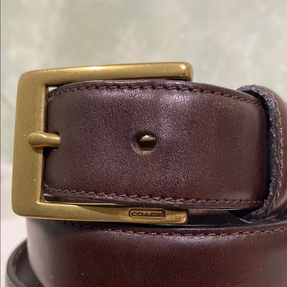 COACH #3709 brown leather men’s belt with brass buckle, 38 inches/95cm